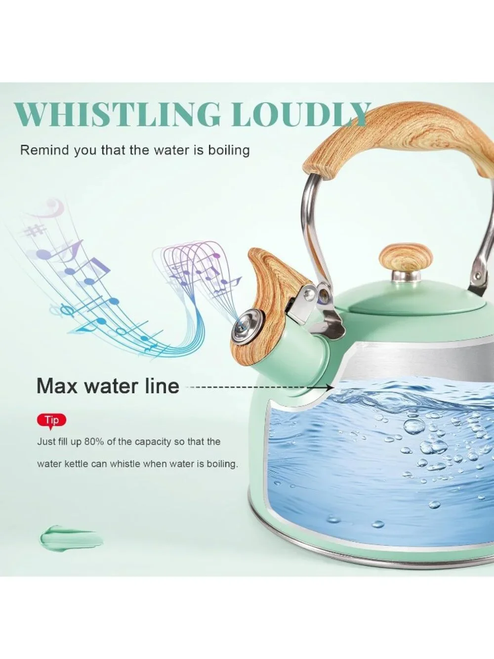 GGC Mint Green Stainless Steel Kettles 2.6QT Whistling Stove Top Folding Handle